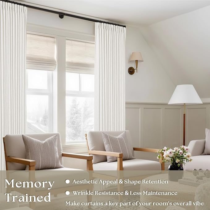 Beige White Pinch Pleated Linen Curtains 92 Inches Long 2 Panels | Memory - Image 2