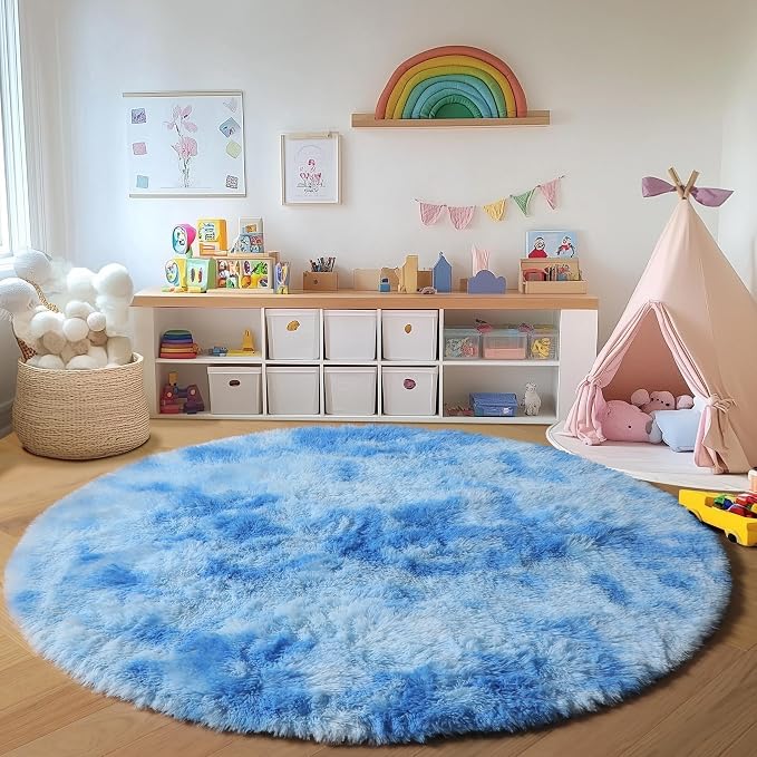 ONASAR Round Rugs 5ft for Bedroom Living Room, Tie-Dye Blue Fluffy Circle Area - Image 5