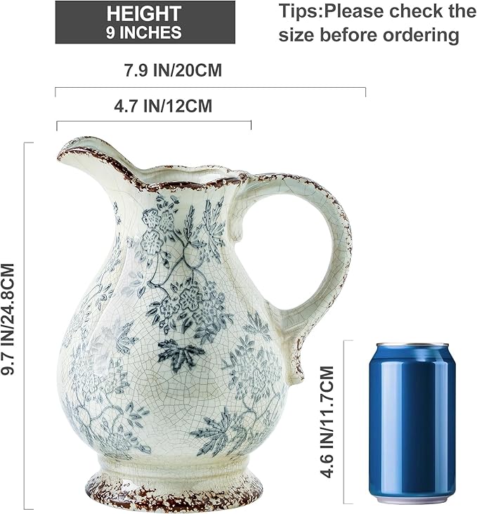 Enra Large Vintage Blue and White and Pitcher for Home Decor, 9.7 Inch Rustic Chinoiserie Decorative Vases, Green and Beige Ceramic Vases for Living Room, Kitchen, Office – Large Vases for Decor