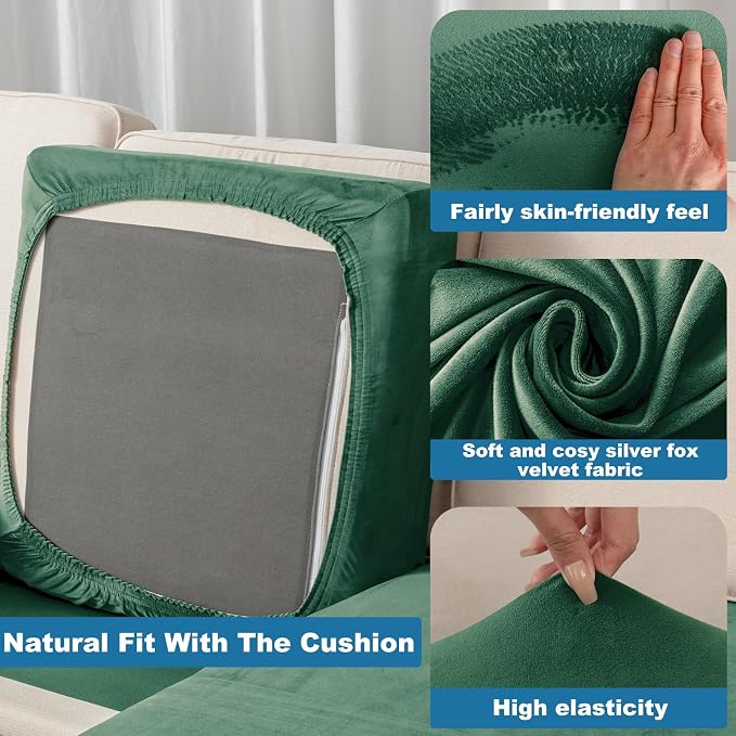 Couch Cover 3-Piece Elastic Velvet Couch Cushion Covers & Chaise Slipcovers - Image 4