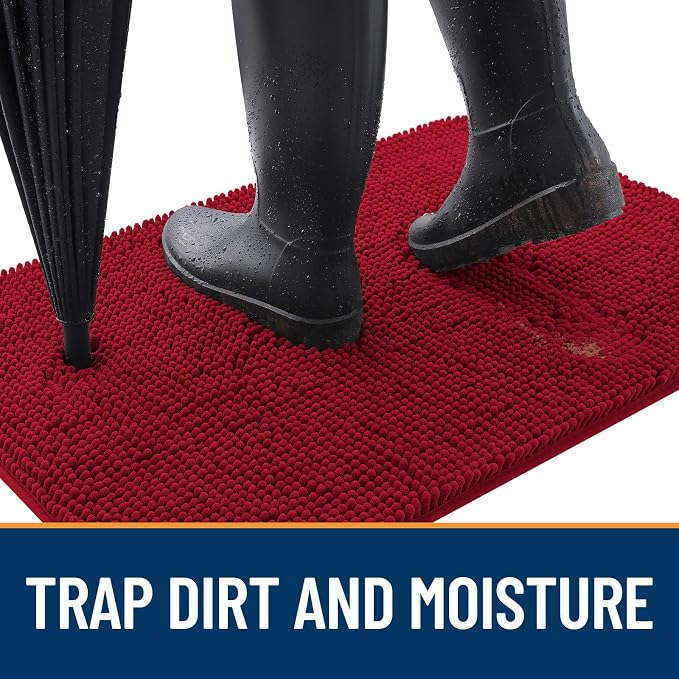 OLANLY Dog Door Mat for Muddy Paws 24x16, Super Absorbent Chenille Mud Mat | Red - Image 2