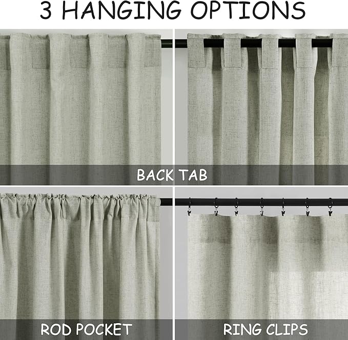 Sage Green Linen Sheer Curtains 54 Inch Length 2 Panel Set Back Tab Rod Pocket - Image 3