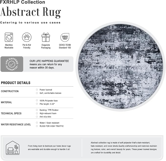 Round Area Rug Living Room: 6 ft Modern Washable Carpet Black | - Image 2