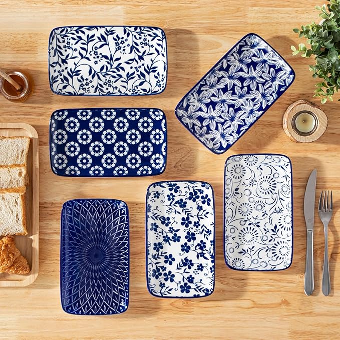 vancasso Selene 8.5 Inch Rectangular Salad Plates Set of 6, Ceramic Salad Plates for Sushi, Dessert, Appetizer, Porcelain Platters for Kitchen Decor, Microwave & Oven Safe, Vintage Blue & White Color