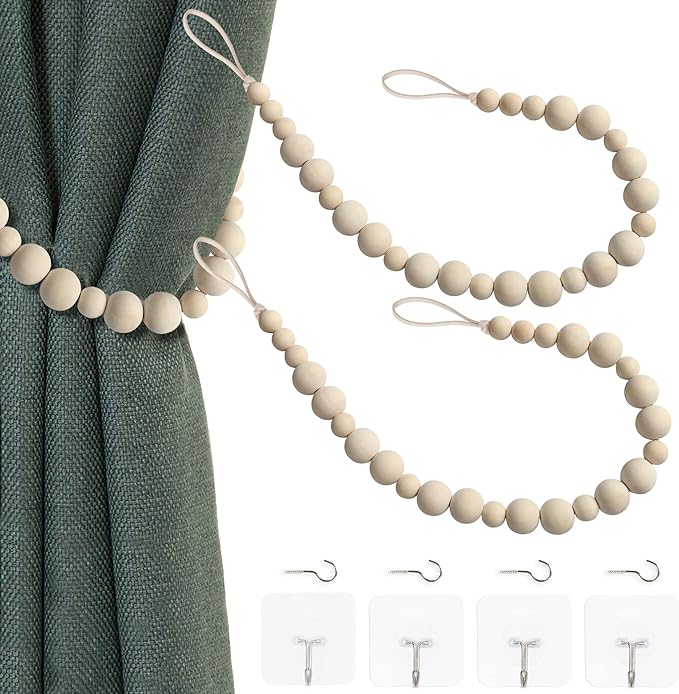 OCIOLI 2 Pieces of Wood Bead Curtain Tieback Boho Curtain Tiebacks Curtain by OCIOLI