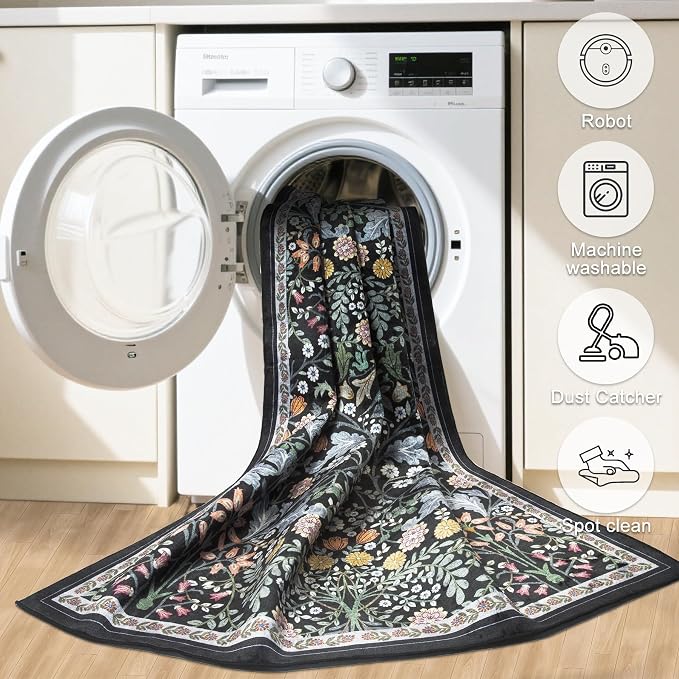 PLHXFR 2x3 Small Entryway Rug: Floral Washable Indoor Carpet Dark Black | - Image 6