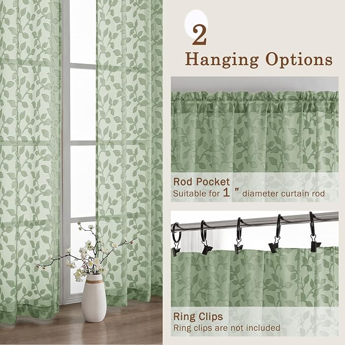 Chyhomenyc Sage Green Sheer Curtains 30 Inch Length, Light Filtering Leaf - Image 5