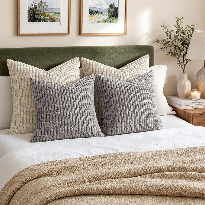 MIULEE Euro Sham Corduroy Decorative Throw Pillow Covers 22x22 Light Grey | - Image 3