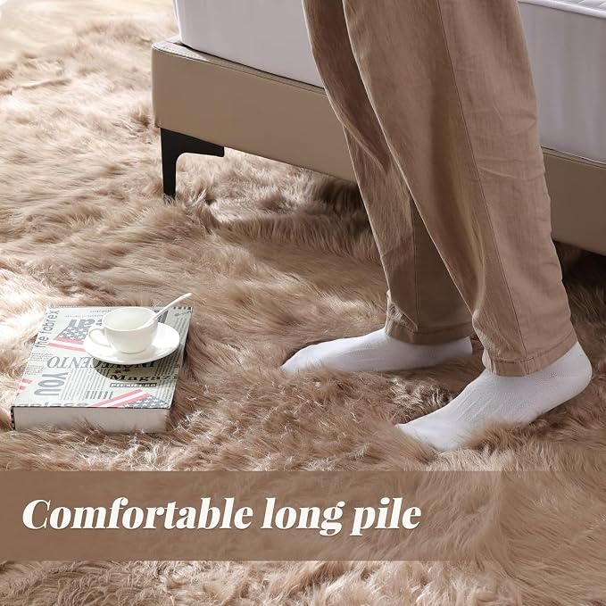 ORINOVA Beige Round Cozy 4ft Shag Rug Washable Furry Soft Area Rug - Image 5