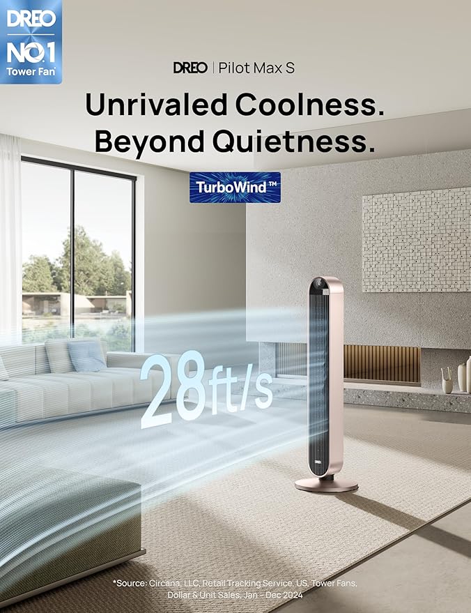 Dreo Smart Tower Fan Voice Control, 120° Oscillating Fan Works with Alexa/Google/App/Remote, 42 Inch, 25dB Quiet DC Bladeless Fan for Bedroom,12 Speeds, Floor Fan for Home, Office, Pilot Max S