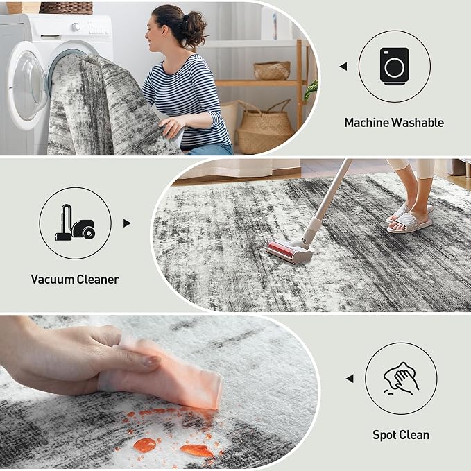 6x9 Area Rugs for Living Room: Washable Abstract Black Grey Badroom Carpet | - Image 4