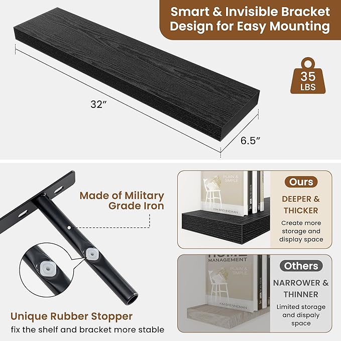 fuqing Floating Shelves for Wall, Bathroom Shelf Wall Mounted for Storage, Shelves with Invisible Bracket for Bedroom, Kitchen, Living Room, Farmhouse Small Book Shelf, 32 Inch Set of 2, Black