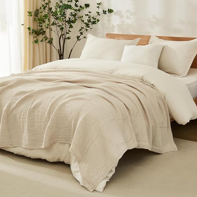 EMME Cotton Blanket King Size for Bed Soft Muslin Blankets 108"x90" Beige - Image 8