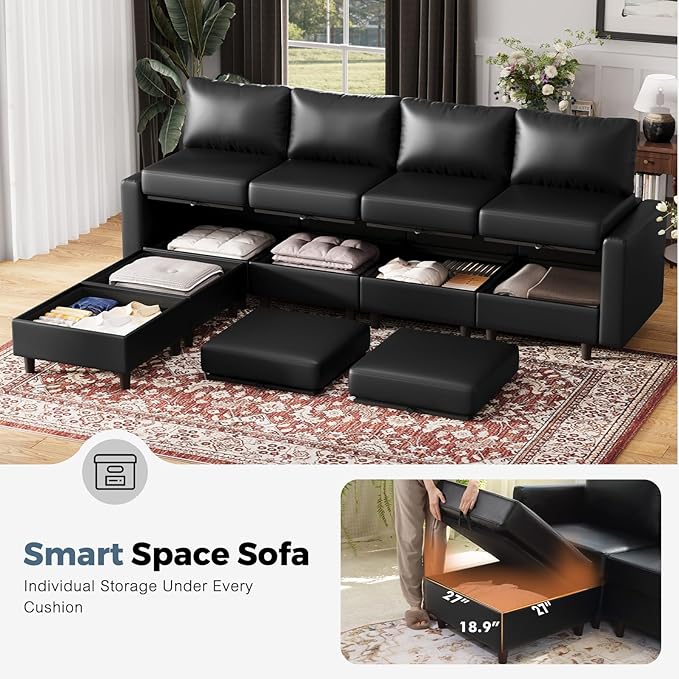 118.5" Faux Leather Modular Sectional Sofa with Storage Seat, Oversized 4 Seater Couch Deep Seat with Removable Cover Black