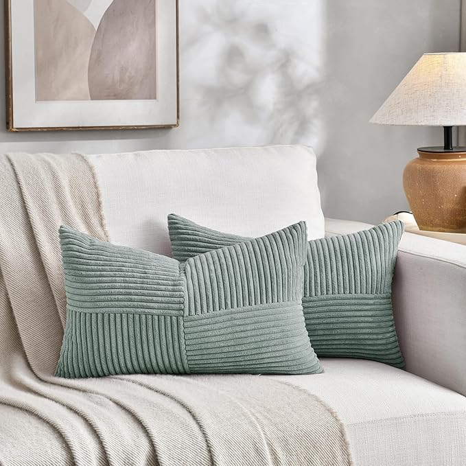 Fancy Homi 2 Packs Grey Blue Lumbar Decorative Throw Pillow Covers 20x28 Inch for Living Room Couch Bed, Rustic Farmhouse Boho Home Decor, Soft Striped Corduroy Rectangle Accent Cushion Case 50x70 cm