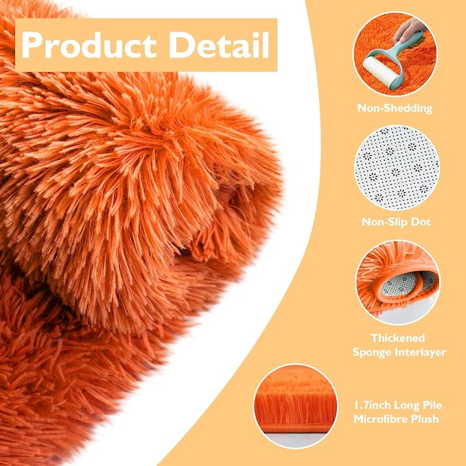 Orange Fluffy Round Rug, Soft Area Rugs - Image 4