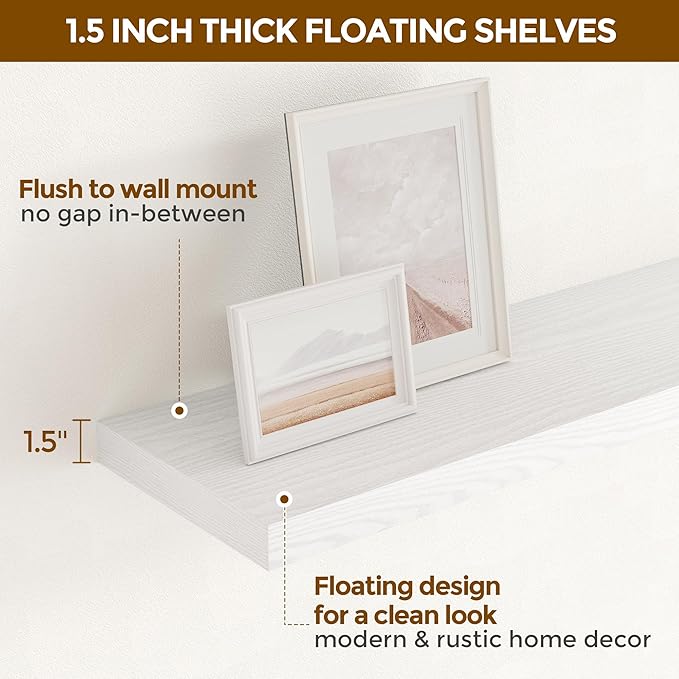 Fun Memories Floating Shelves 55 Inch Set of 2, White 55 x 9 Wall Shelves for Home Decor Storage, Rustic Wood Floating Shelf for Wall, 9 Inch Deep Shelving for Bathroom, Living Room, Kitchen