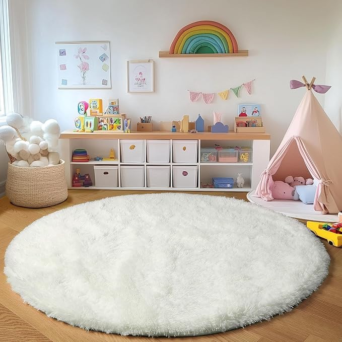 Cream White Round Rugs 8ft for Living Room, Ivory Fluffy Bedroom Circle Area Rug - Image 6