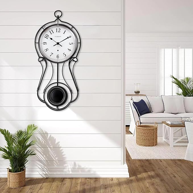 CLXEAST 20 Inch Black Metal Pendulum Wall Clock, Large Schoolhouse Regulator Wall Clocks for Living Room Decor,House Warming Gifts New Home,Gifts for Women