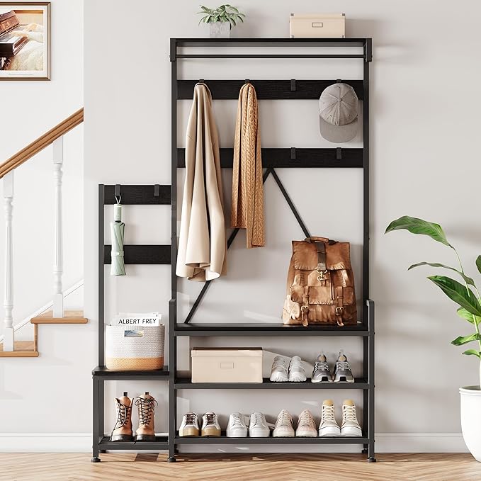IDEALHOUSE Parent-Child Coat Rack Shoe Bench Hall Tree with Bench and Shoe Storage Industrial Coat Tree Entryway Large Organizer with Shoe Rack, Storage Cubbies, Hooks, and Top Shelf