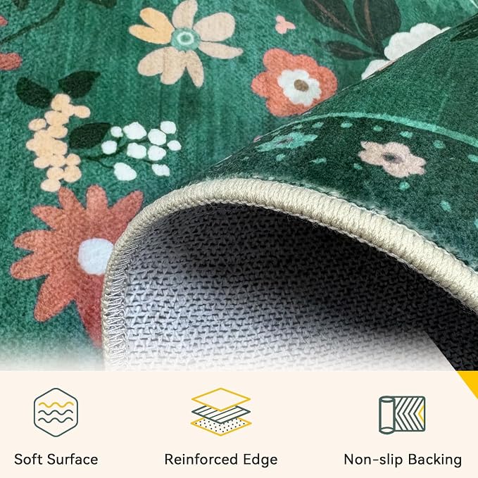 RELEANY Floral Washable 3x5 Area Rugs DarkGreen | Flower Carpet Print Boho Cute - Image 4