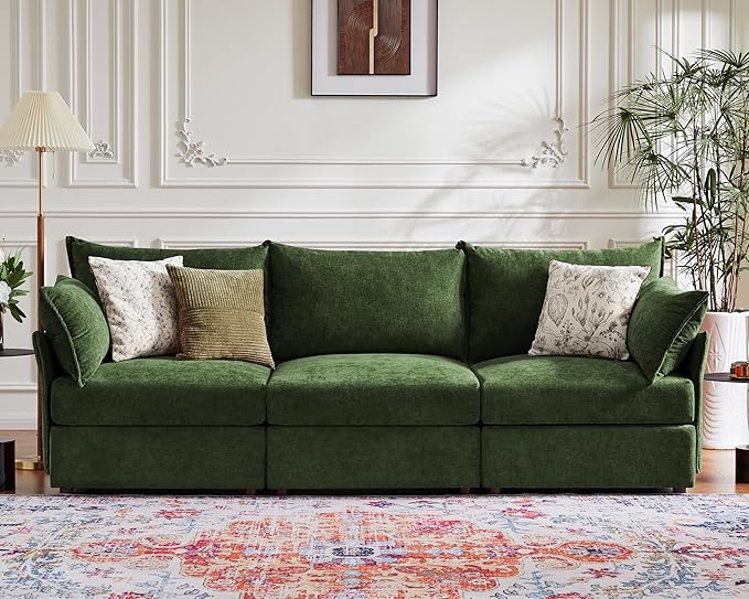 102.6" Modular Sectional Sofa, Oversized 3-Seater Green Couch with Removable Chenille Fabric Cover, Deep Seat & High Backrest for Living Room, Office & Apartment