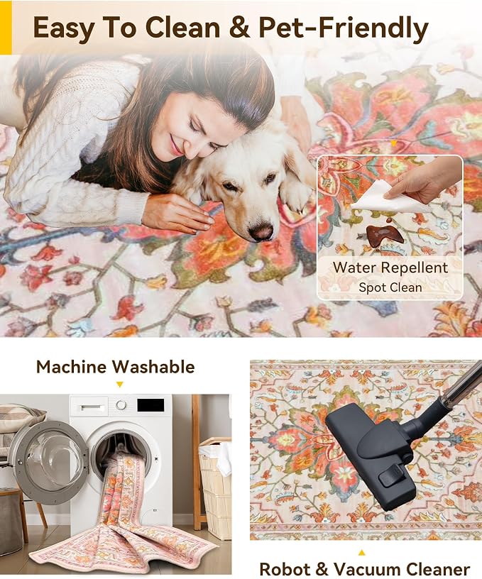RELEANY Washable Area Rug, Water Repellent, Pet Friendly, Vintage Floral Boho - Image 3
