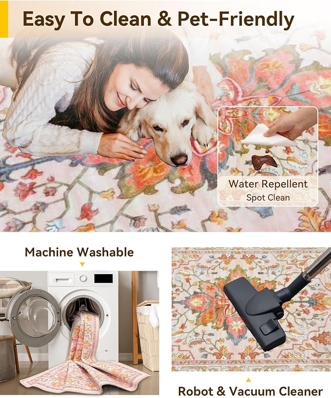 RELEANY Washable Area Rug, Water Repellent, Pet Friendly, Vintage Floral Boho - Image 6