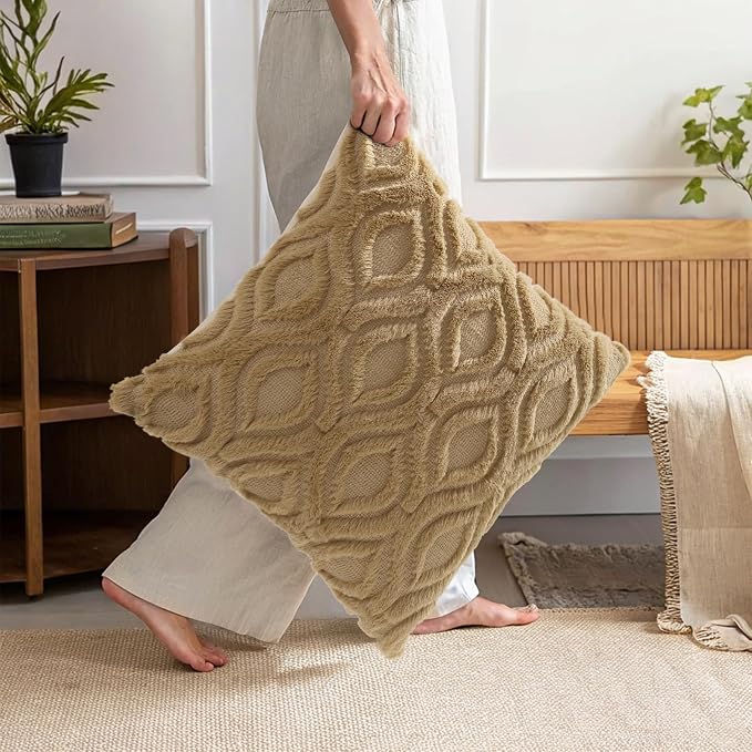 decorUhome Throw Pillow Covers 18x18 Inch Set of 2, Soft Plush Faux Wool Khaki - Image 7