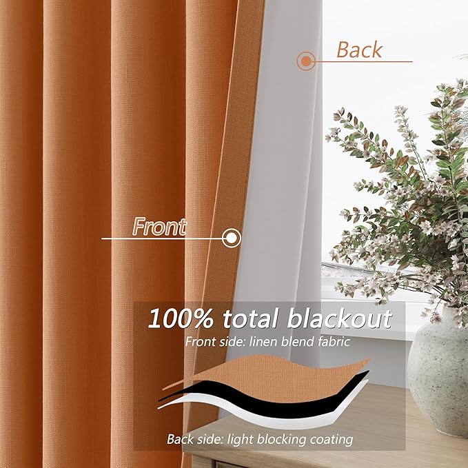 Guken Orange 100% Blackout Linen Curtains 102 Inch Length 2 Panels Set - Image 4