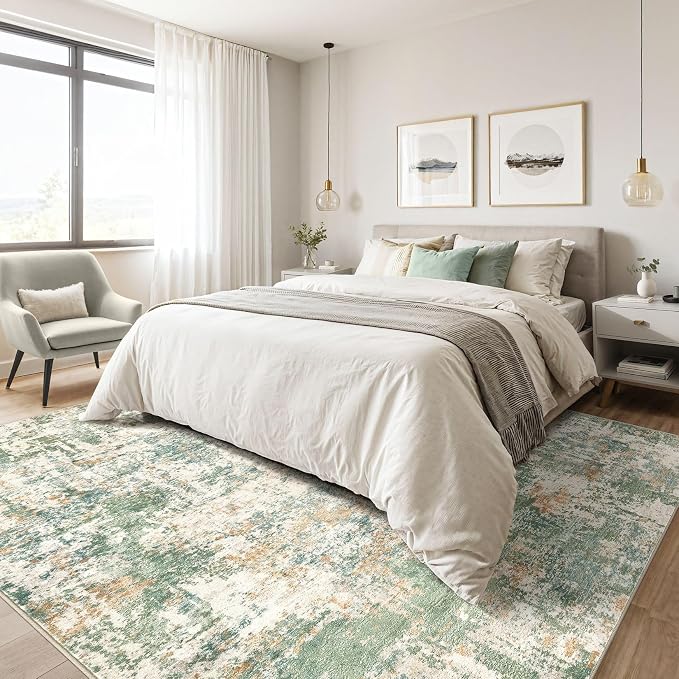 LOONGRUG 4x6 Area Rug Machine Washable Neutral Modern Abstract Rugs Green | - Image 4