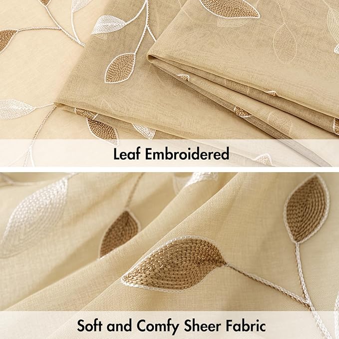 MIULEE Beige Sheer Curtains 2 Panels Embroidered Leaf Patterned, W52 x L45 | - Image 4