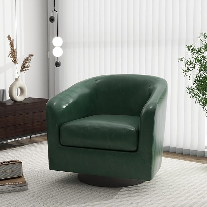 Swivel Barrel Accent Chair, Modern Round Faux Leather Arm Chair for Living Room, Bedroom, Comfy Club Reading Chairs for Adults(Faux Leather, Green, Set of 4)