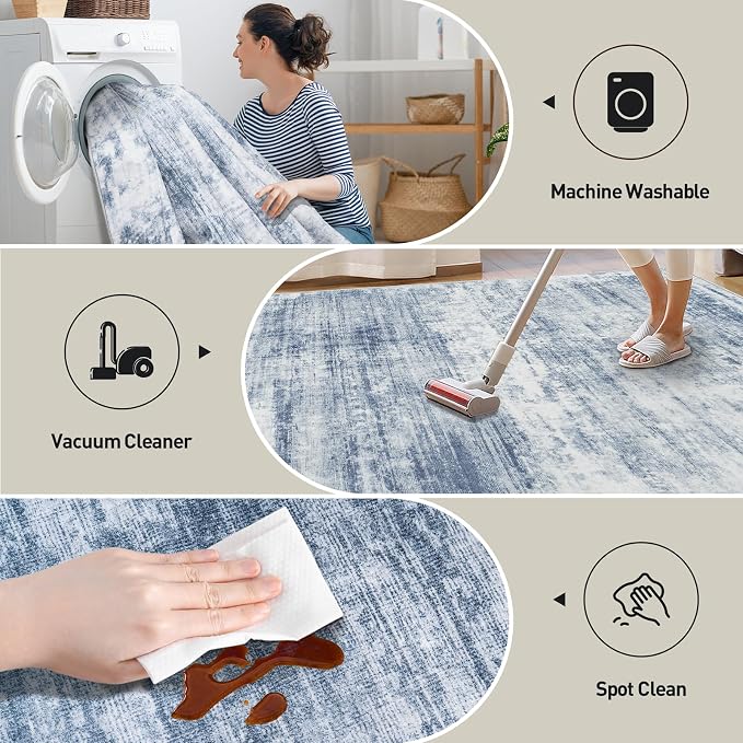 10x14 Area Rugs for Living Room: Washable Abstract Blue White Carpet | Non-slip - Image 4