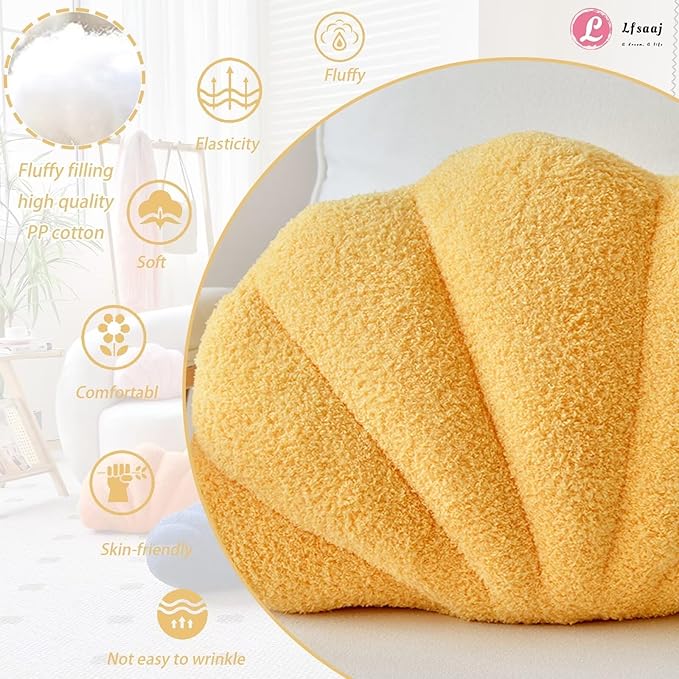 Yellow Seashell Throw Pillows, Shell Shaped Throw Pillows, 13 Inch Soft Home Decorative Pillow Plush Cushion for Bed Couch Living Sofa Room Decor Accent Throw Pillow