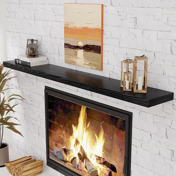 72 Inch Floating Shelves Black, 72 x 9 Rustic Wooden Fireplace Mantel, 9 Inch Floating Shelf for Wall, Farmhouse Wall Shelves for Home Storage & Display