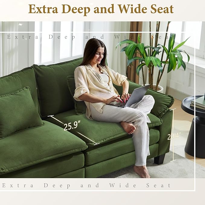 URRED Modular Sectional Sofa Comfy Cloud Couch, Modern Corduroy Sofa Sleeper Deep Seat Couches with Ottoman/Pillows for Living Room (Green, 154'' - U Shape)