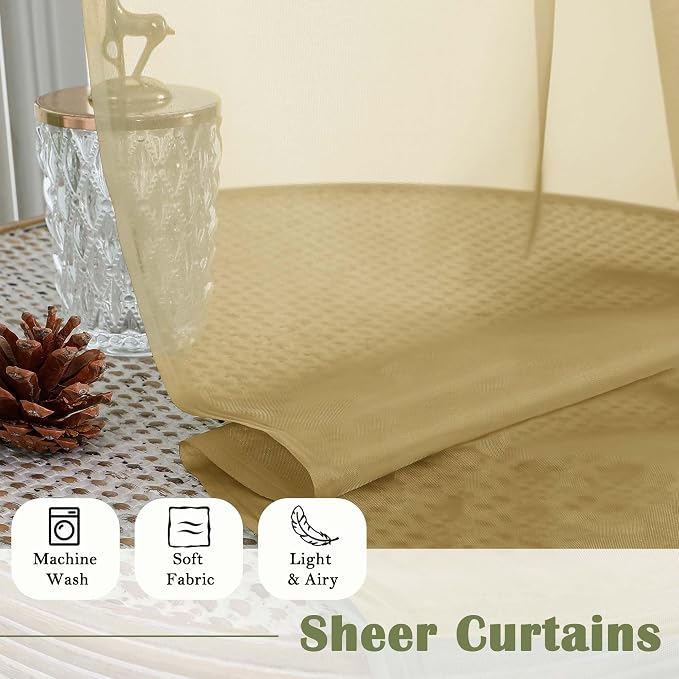 Gold Sheer Curtains 63 Inch Length 2 Panels, Rod Pockets Window Treatments - Image 4