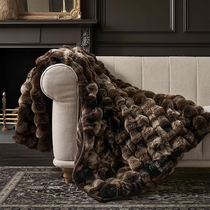 EVERGRACE Ultra Soft Luxury Fluffy Ridgeline Faux Rabbit Fur Throw Blanket, Thick Warm Bubble Throw for Bed, Cozy Plush Reversible Blankets for Couch, Chair, Sofa, Mocha Brown, 60x80 Inches, 870 GSM