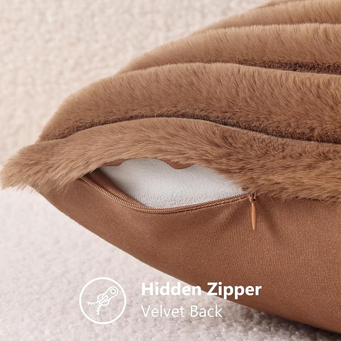 decorUhome Fall Faux Fur Throw Pillow Covers 20x20 Set of 2 Brown | Decorative - Image 7