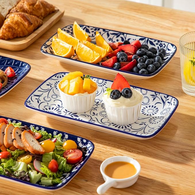 vancasso Selene 9.5 Inch Rectangular Dinner Plates Set of 6, Ceramic Salad Plates for Dessert, Appetizer, Porcelain Serving Platters for Entertaining, Microwave & Oven Safe, Vintage Blue & White Color