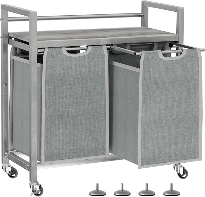 Laundry Hamper, Laundry Basket, Laundry Sorter with 3 Removable Bags, Clothes Basket with 3 Compartments, Wheels, Shelf for Laundry Room Bathroom Bedroom (2 Bags-Gray)