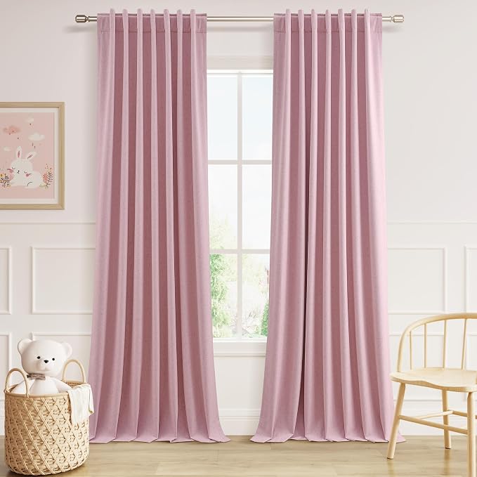 Rose 100% Blackout Linen Curtains 96 Inch Length 2 Panels Set by Guken
