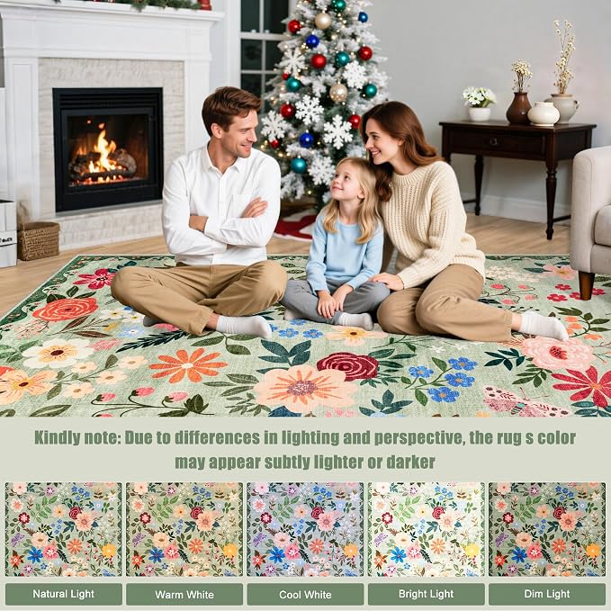 PLHXFR 2x5 Washable Runner Rug：Floral Indoor Kitchen Soft Carpet Green | - Image 9