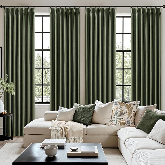 MIULEE Olive Green Pinch Pleated 100% Blackout Linen Curtains 40x108 Inches | - Image 7