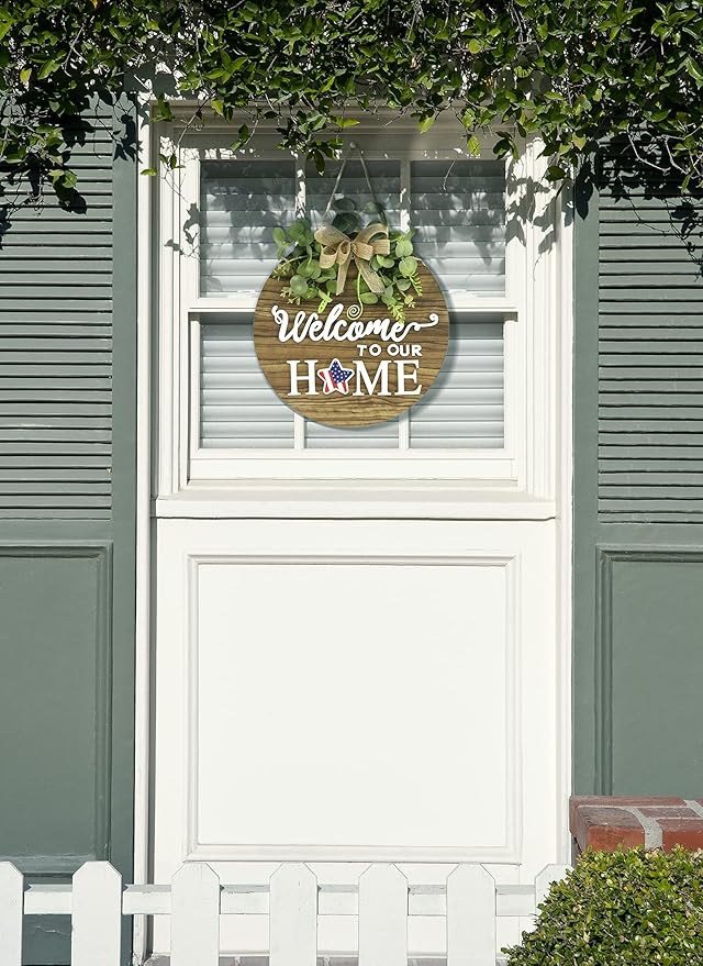 Interchangeable Seasonal Welcome Sign Front Door Decoration, Rustic Round Wood Wreaths Wall Hanging Outdoor, Farmhouse, Porch, for Spring Summer Fall All Seasons Holiday Halloween Christmas.