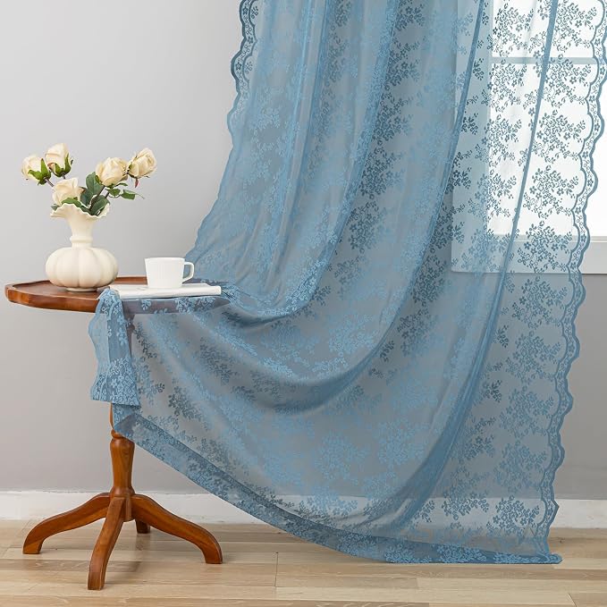 YJ YANJUN Vintage Lace Curtains 96 Inches Long-Victorian Floral Pattern Dusty - Image 3