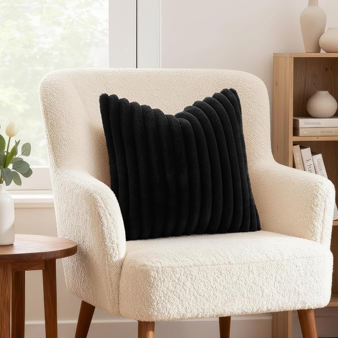 decorUhome Fall Faux Fur Throw Pillow Covers 18x18 Set of 2 Black | Decorative - Image 4