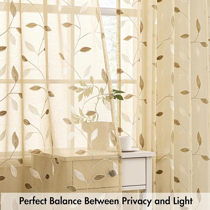 MIULEE Beige Sheer Curtains 2 Panels Embroidered Leaf Patterned, W52 x L45 | - Image 5