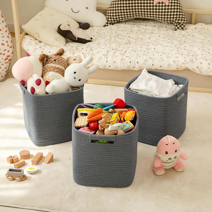 OIAHOMY Storage Cubes 11 Inch Storage Bins-3 Pack, Cotton Rope Woven Baskets for Organizing, Square Baskets for Shelves Organizer, Classroom, Toy Basket, DarK Grey